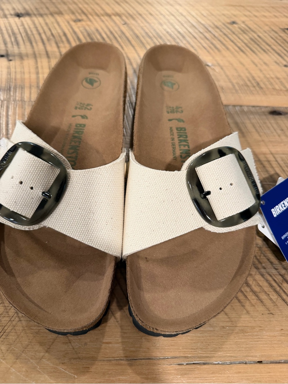 NEW Birkenstock Cream Canvas Single-Strap Sandals w/ Tortoiseshell Buckle Sz 42